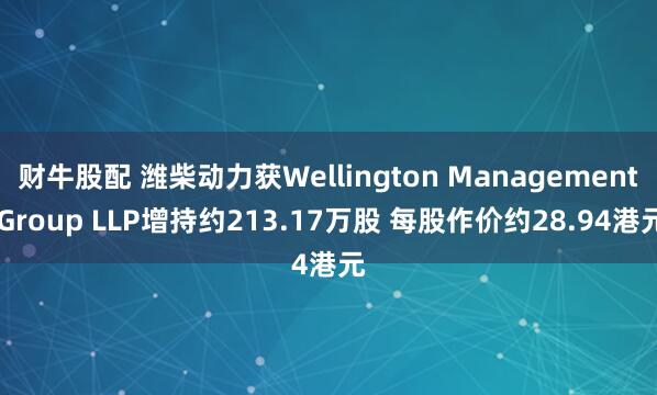 财牛股配 潍柴动力获Wellington Management Group LLP增持约213.17万股 每股作价约28.94港元